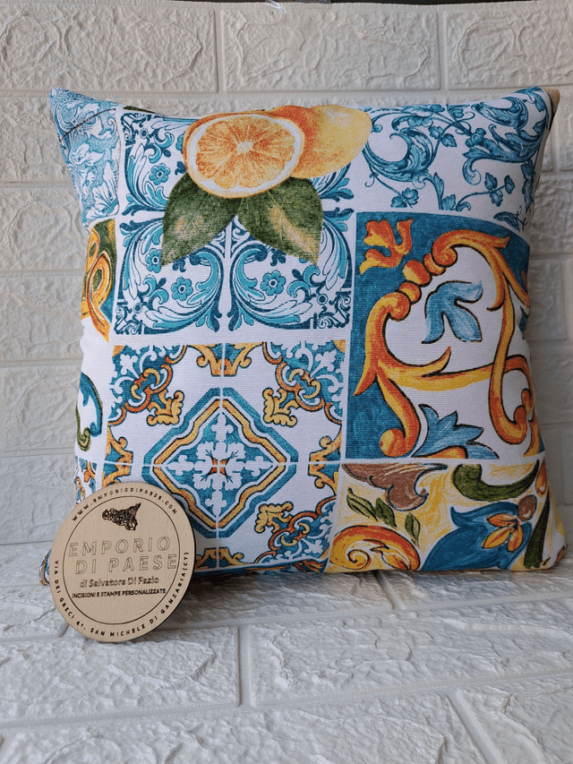 Tessuto siciliano misto cotone, h 280 cm, con maioliche siciliane colorate e limoni