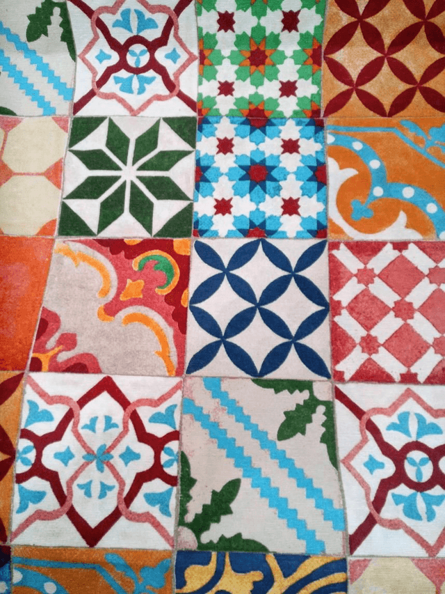 Scampolo di tessuto siciliano, 1 metro, misto cotone, h 280 cm  con maioliche siciliane colorate quadrate