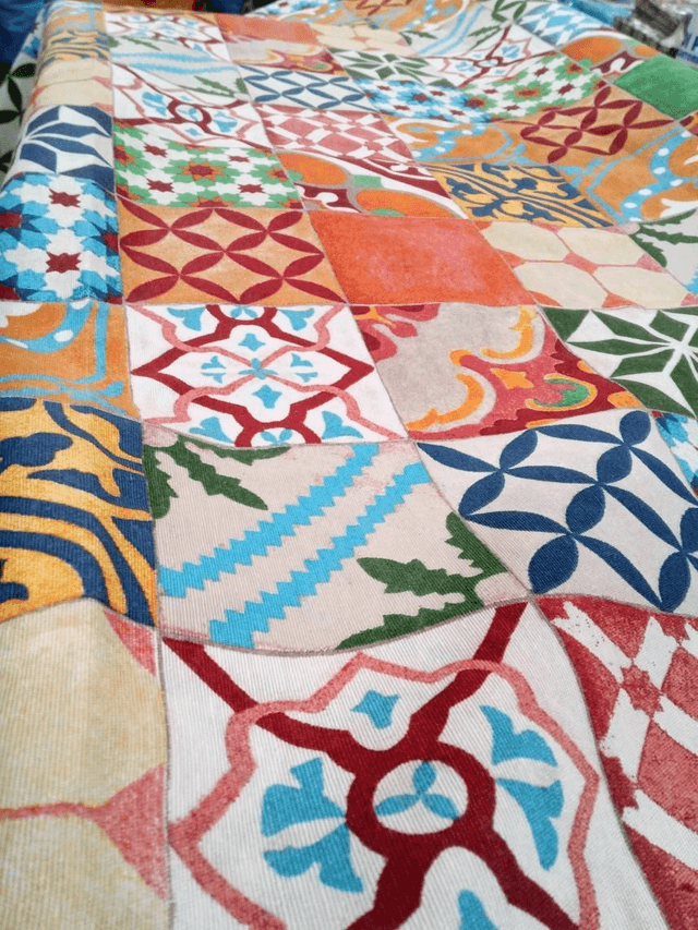 Scampolo di tessuto siciliano, 1 metro, misto cotone, h 280 cm  con maioliche siciliane colorate quadrate