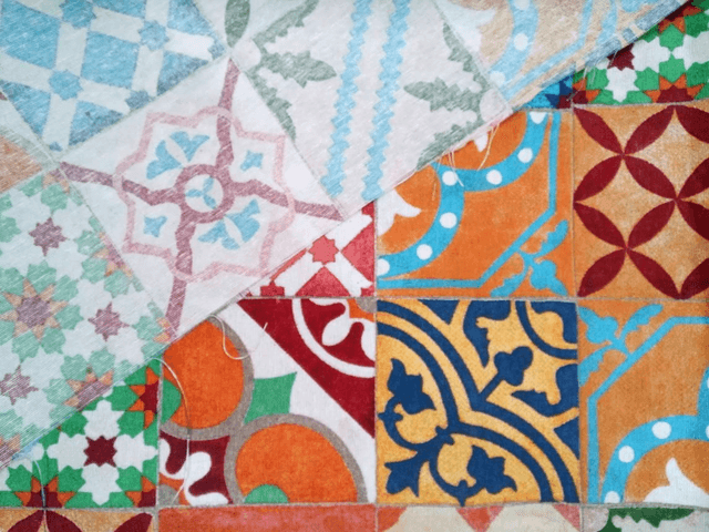 Scampolo di tessuto siciliano, 1 metro, misto cotone, h 280 cm  con maioliche siciliane colorate quadrate